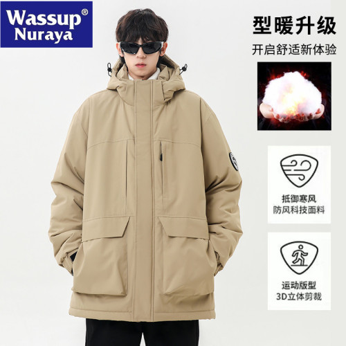 WASSUP NURAYA卡其色棉服男冬季加厚服戶外防風連帽工裝棉衣外套