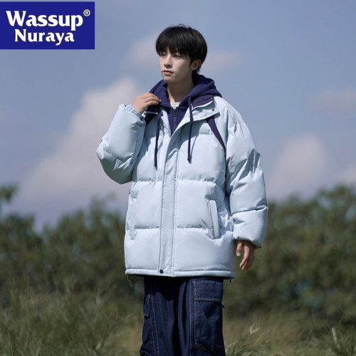 WASSUP NURAYA棉服男冬季假兩件連帽麵包服棉衣防寒冬裝棉襖外套