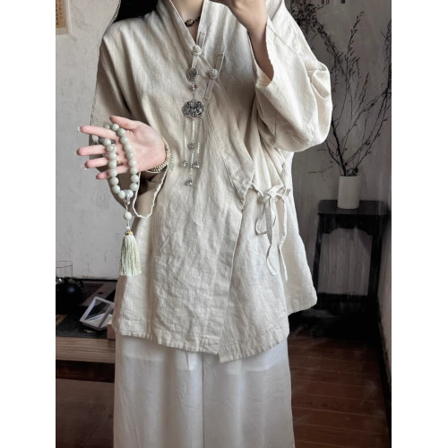 新中式女裝漢服禪服彿系禪意棉麻套裝唐裝上衣中式襯衫茶服女夏季