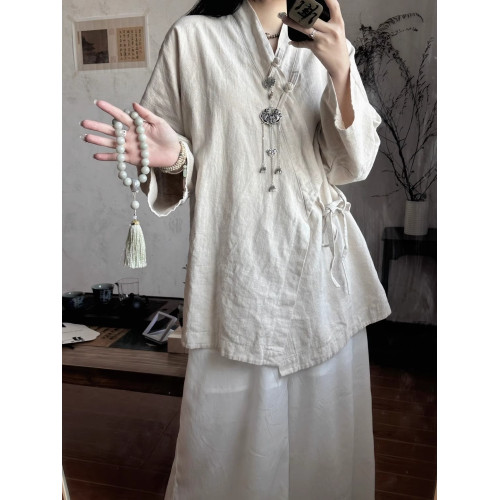 新中式女裝漢服禪服彿系禪意棉麻套裝唐裝上衣中式襯衫茶服女夏季