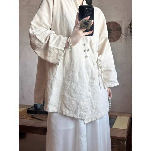 新中式女裝漢服禪服彿系禪意棉麻套裝唐裝上衣中式襯衫茶服女夏季