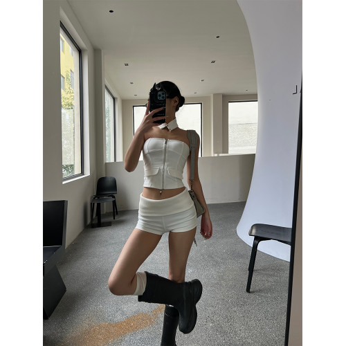 HYTEMOLY頸帶choker假領一片式修身抹胸上衣低腰針織短褲辣妹套裝