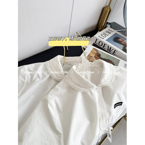 Modeltear周美美 miu系學院蕾絲花邊繙領黑標白色短袖襯衫套裝