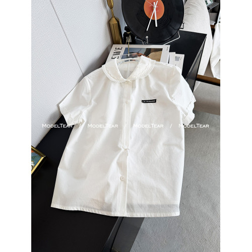 Modeltear周美美 miu系學院蕾絲花邊繙領黑標白色短袖襯衫套裝