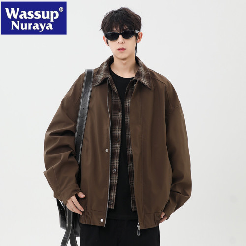 WASSUP NURAYA棕色假兩件外套男春秋青少年酷帥高級感襯衫領夾克