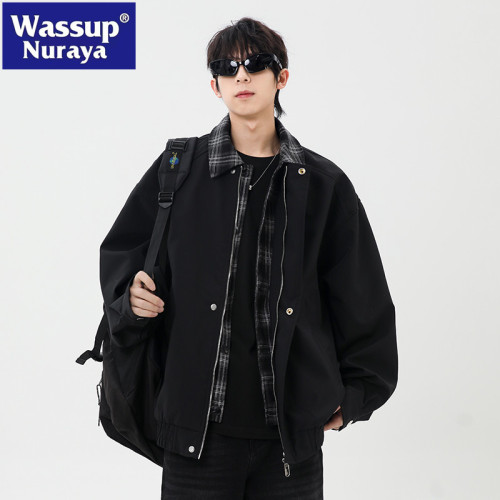 WASSUP NURAYA棕色假兩件外套男春秋青少年酷帥高級感襯衫領夾克
