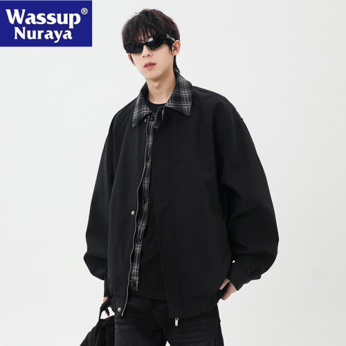WASSUP NURAYA棕色假兩件外套男春秋青少年酷帥高級感襯衫領夾克