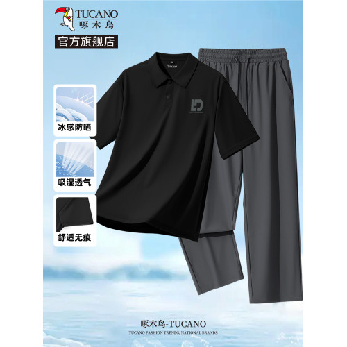 啄木鳥爸爸夏裝套裝男2025新款冰絲短袖polo衫男士速乾休閒褲子Y