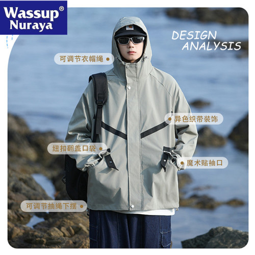 WASSUP NURAYA美式沖鋒衣男士春秋連帽防水寬松工裝戶外情侶夾克