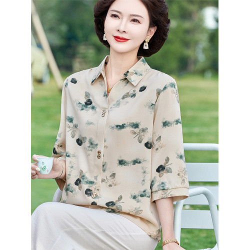 中老年女夏裝薄款洋氣翻領襯衫2025年新款夏季媽媽裝時尚T恤上衣