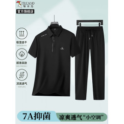 啄木鳥官方旗艦店2025新款涼感冰絲Polo衫爸爸夏套裝短袖t恤男裝