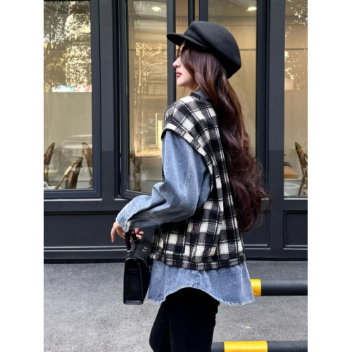 2025春秋新款歐貨牛仔拼條針織假兩件襯衫女新款潮流時尚百搭上衣