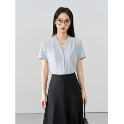 伯德小姐藍色面試v領襯衫女夏職業通勤正裝短袖上衣答辯穿搭襯衣