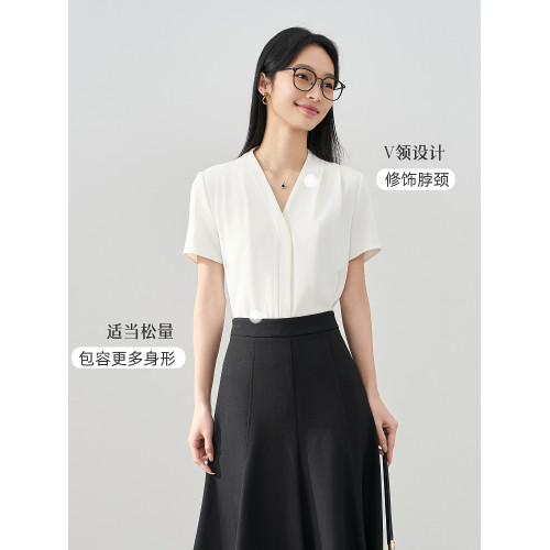 伯德小姐藍色面試v領襯衫女夏職業通勤正裝短袖上衣答辯穿搭襯衣