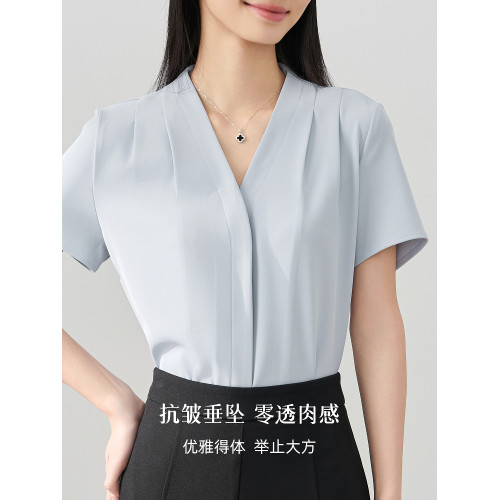 伯德小姐藍色面試v領襯衫女夏職業通勤正裝短袖上衣答辯穿搭襯衣