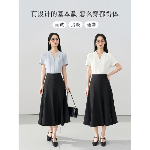 伯德小姐藍色面試v領襯衫女夏職業通勤正裝短袖上衣答辯穿搭襯衣
