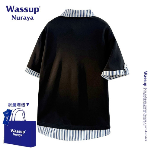 WASSUP NURAYA美式復古假兩件短袖polo衫半袖t恤男士夏季新款T恤