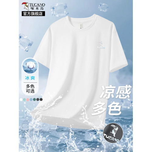 啄木鳥冰絲短袖t恤男夏季薄款2025新款休閒速乾夏天爸爸男裝衣服K
