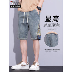 啄木鳥刺綉牛仔短褲男士夏季薄款冰氧吧外穿寬松休閒五分中褲子K