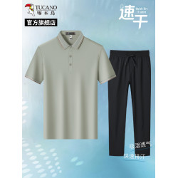 啄木鳥官方2025夏季桑蠶絲爸爸休閒套裝男士薄款短袖POLO衫長褲C