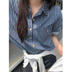 小7家 ins竪條紋口袋刺綉短袖襯衫2025夏休閒復古百搭牛仔襯衣女