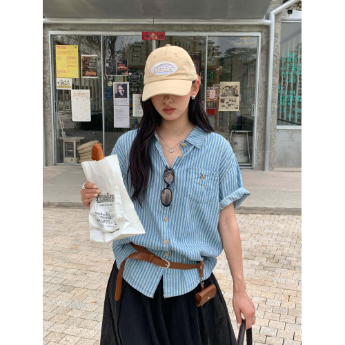 小7家 ins竪條紋口袋刺綉短袖襯衫2025夏休閒復古百搭牛仔襯衣女