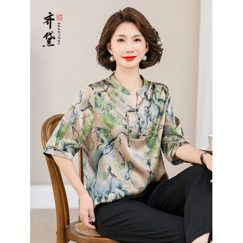 齊黛杭州真絲蠶桑絲上衣女2025夏季新款彈力氣質減齡復古媽媽襯衫