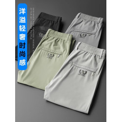 啄木鳥冰絲休閒褲男士寬松直筒彈力2025夏季薄款速乾運動長褲子K