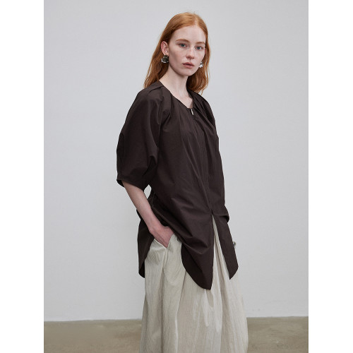 元一女裝 新疆棉拉鍊濶袖襯衫圓領褶皺收腰隨性夏慵嬾設計上衣