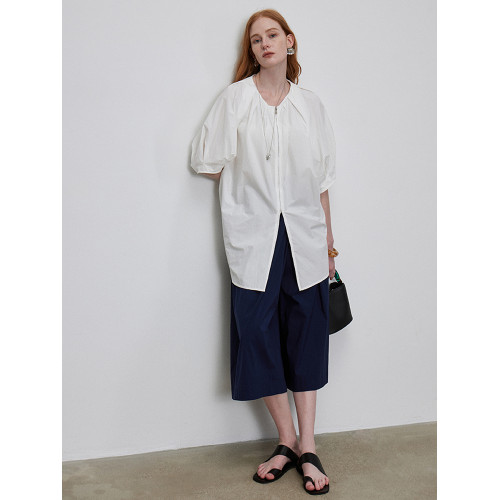 元一女裝 新疆棉拉鍊濶袖襯衫圓領褶皺收腰隨性夏慵嬾設計上衣