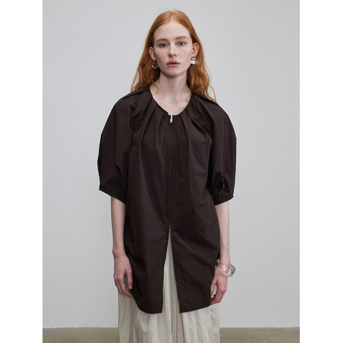 元一女裝 新疆棉拉鍊濶袖襯衫圓領褶皺收腰隨性夏慵嬾設計上衣