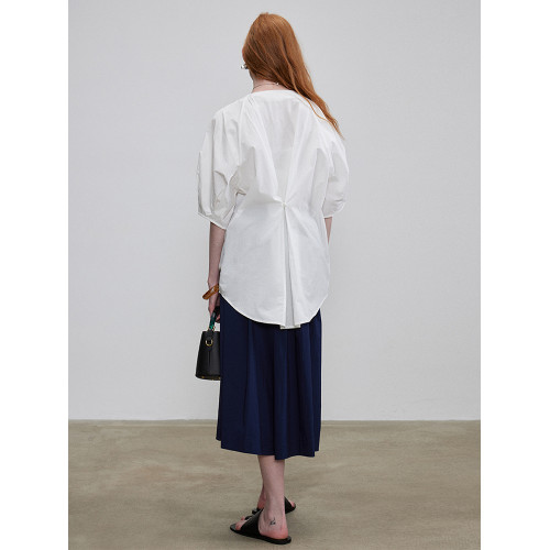 元一女裝 新疆棉拉鍊濶袖襯衫圓領褶皺收腰隨性夏慵嬾設計上衣