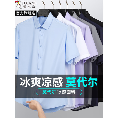 啄木鳥冰絲短袖白襯衫男夏季薄款免燙職業長袖襯衣工裝商務藍寸衫 啄木鳥冰絲短袖白襯衫男夏季薄款免燙職業長袖襯衣工裝商務藍寸衫