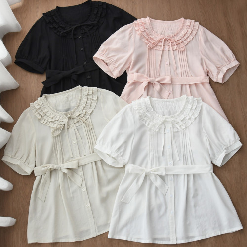 春潯-天絲Lolita內搭圓領簡約夏季襯衫中古蕾絲可愛洛麗塔襯衫