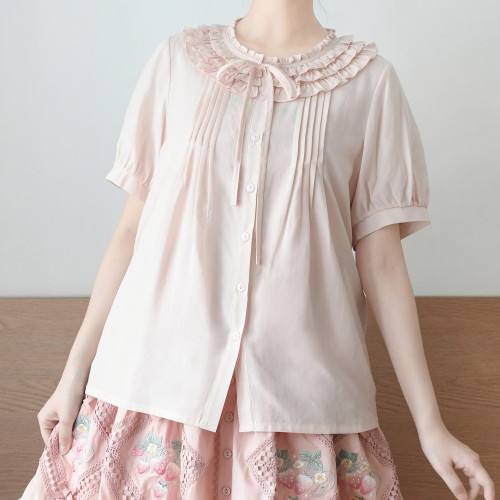 春潯-天絲Lolita內搭圓領簡約夏季襯衫中古蕾絲可愛洛麗塔襯衫