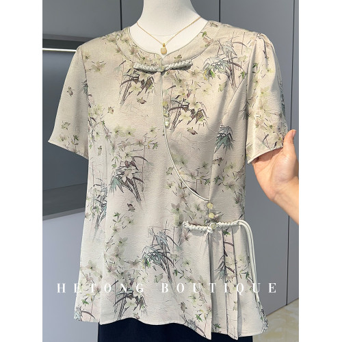 新中式媽媽裝端莊大氣真絲小衫短袖夏季新款襯衫中老年女上衣套裝