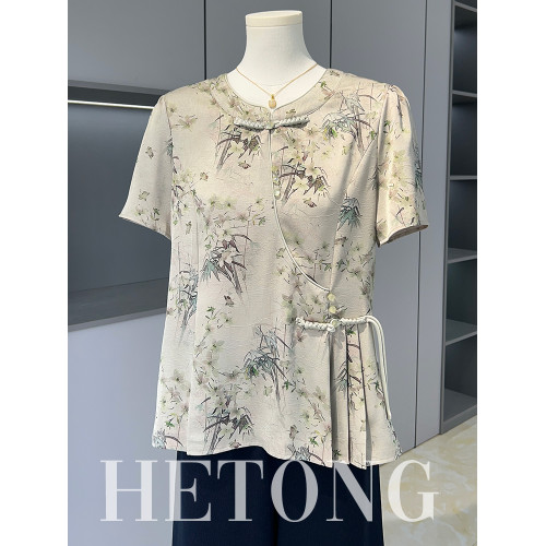 新中式媽媽裝端莊大氣真絲小衫短袖夏季新款襯衫中老年女上衣套裝