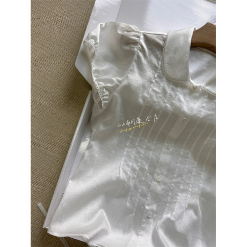 部分 宅女同款 還原 彼得領花邊系帶短袖襯衫 白色/淡黃