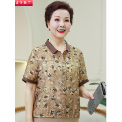 2025夏季新款洋氣印花襯衫上衣服中老年人女大碼媽媽裝短袖棉T恤