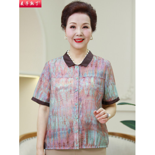 2025夏季新款洋氣印花襯衫上衣服中老年人女大碼媽媽裝短袖棉T恤