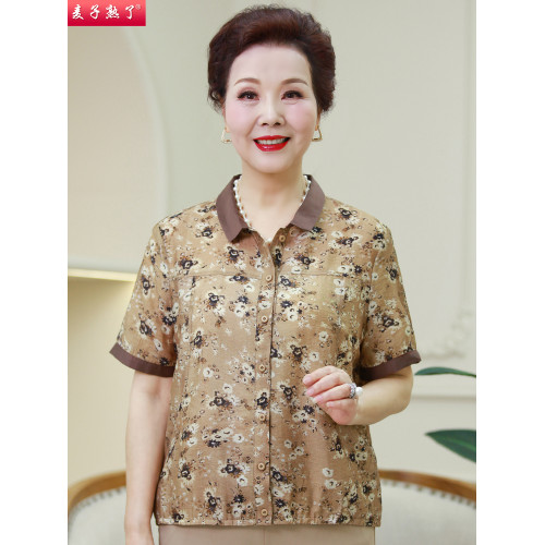 2025夏季新款洋氣印花襯衫上衣服中老年人女大碼媽媽裝短袖棉T恤
