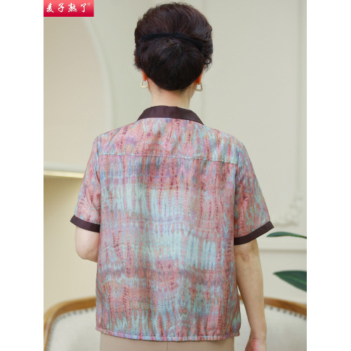 2025夏季新款洋氣印花襯衫上衣服中老年人女大碼媽媽裝短袖棉T恤