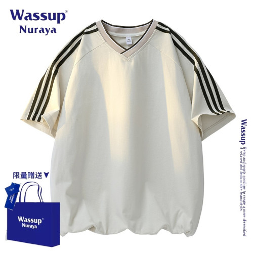 WASSUP NURAYA美式復古三條杠V領短袖t恤男夏季新款潮牌寬松上衣