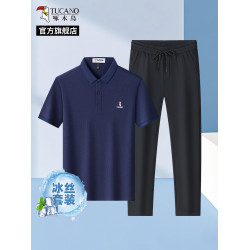 啄木鳥夏季涼感短袖POLO衫+冰絲速乾休閒褲子中年爸爸T恤男套裝H