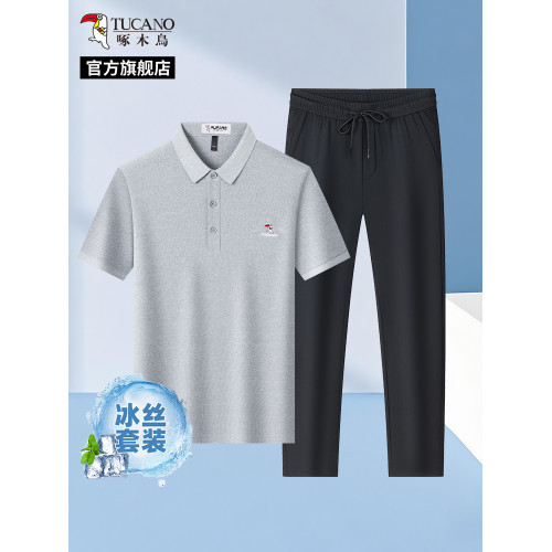 啄木鳥夏季涼感短袖POLO衫+冰絲速乾休閒褲子中年爸爸T恤男套裝H
