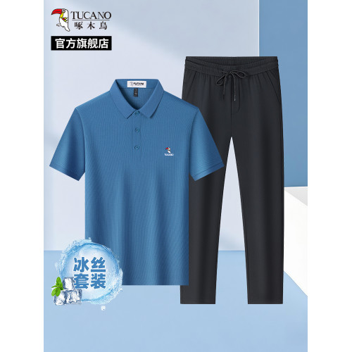 啄木鳥夏季涼感短袖POLO衫+冰絲速乾休閒褲子中年爸爸T恤男套裝H