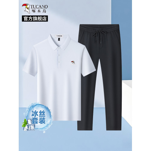 啄木鳥夏季涼感短袖POLO衫+冰絲速乾休閒褲子中年爸爸T恤男套裝H