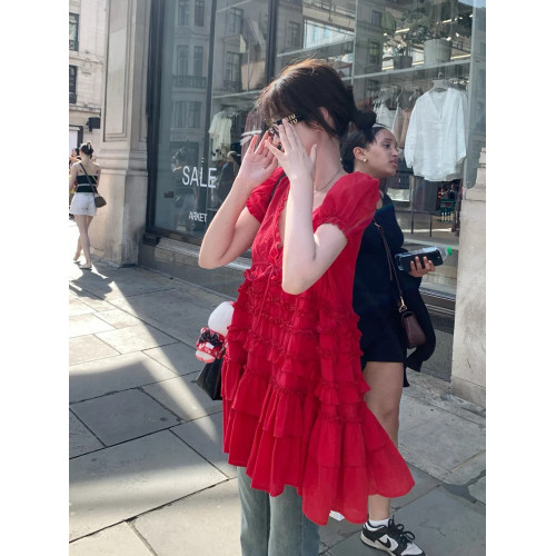 法式高級設計感紅色V領襯衫女夏季新款荷葉邊顯瘦寬松裙子式上衣