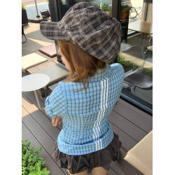 美式復古藍色格子短袖襯衫女夏季2025新款襯衣設計感小衆收腰上衣