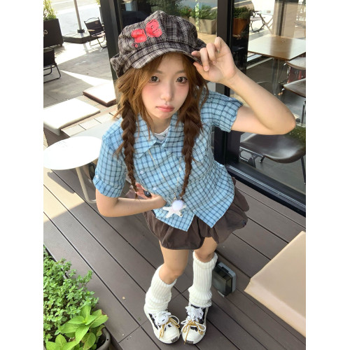 美式復古藍色格子短袖襯衫女夏季2025新款襯衣設計感小衆收腰上衣